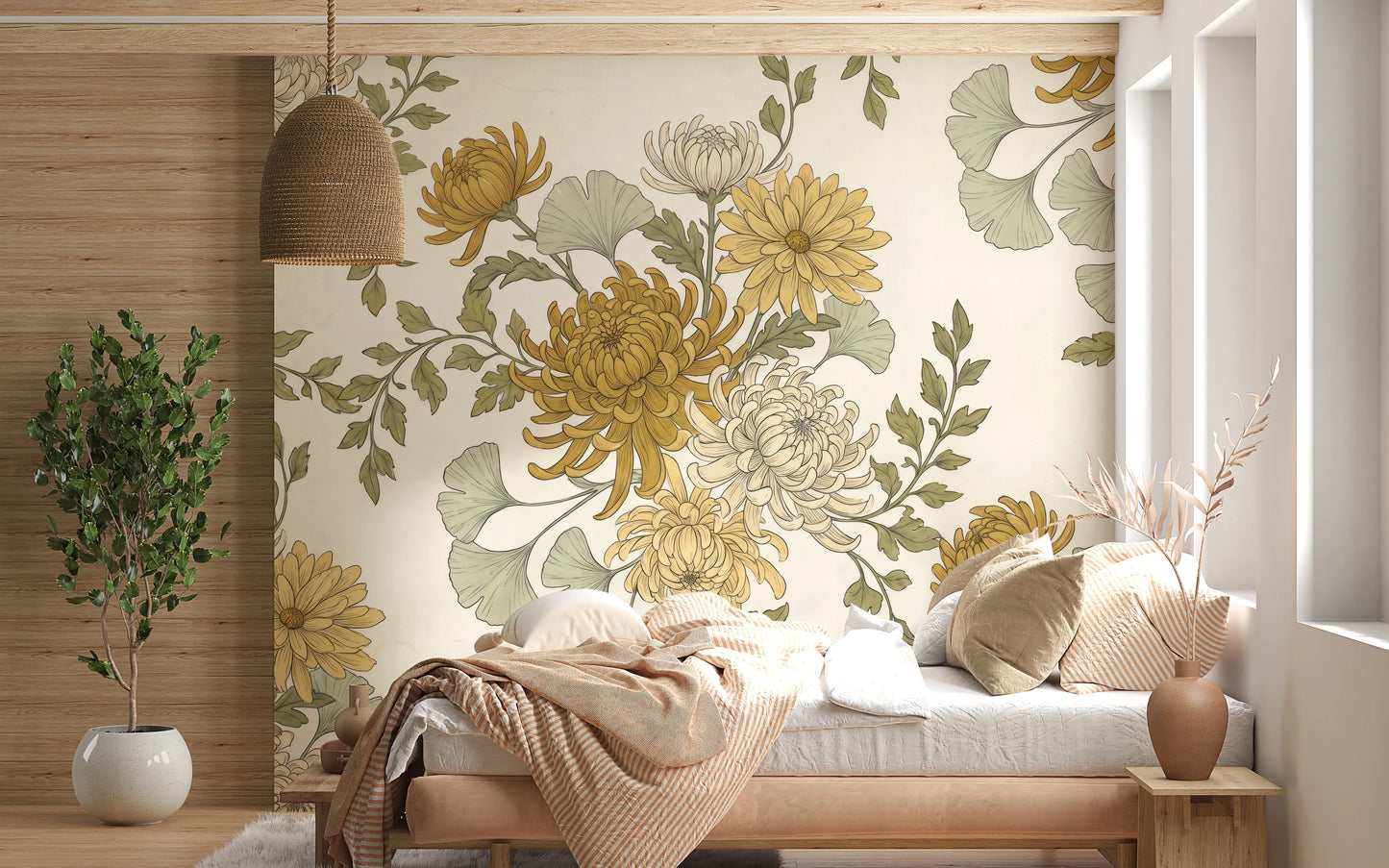 Vintage Gold Chrysanthemum Botanical Garden Floral Wallpaper Wall Mural