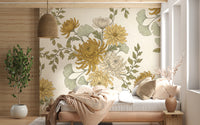 Vintage Gold Chrysanthemum Botanical Garden Floral Wallpaper Wall Mural