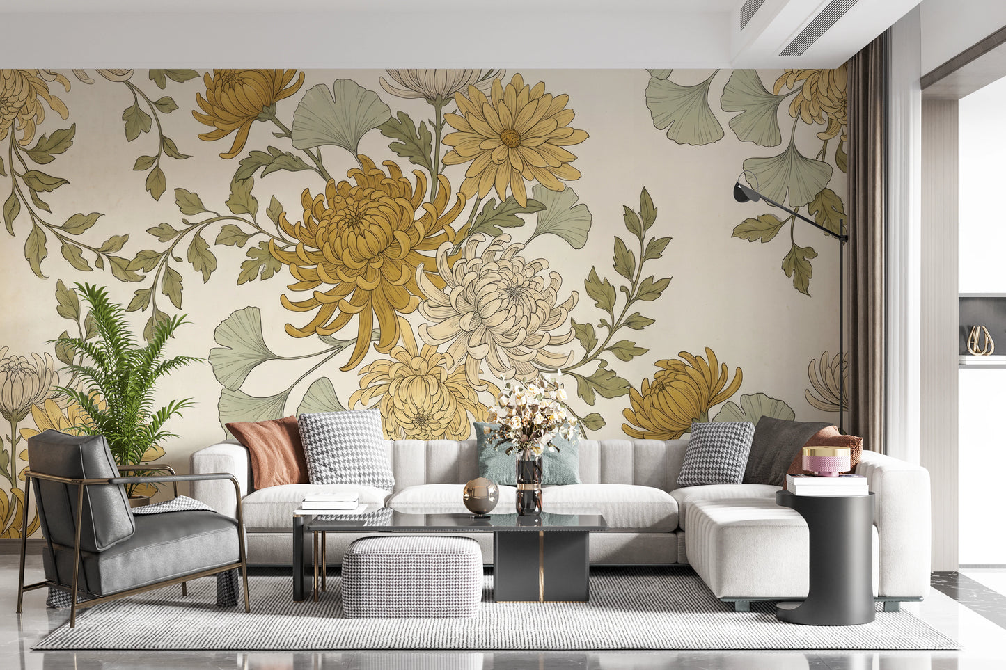 Vintage Gold Chrysanthemum Botanical Garden Floral Wallpaper Wall Mural