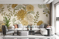 Vintage Gold Chrysanthemum Botanical Garden Floral Wallpaper Wall Mural