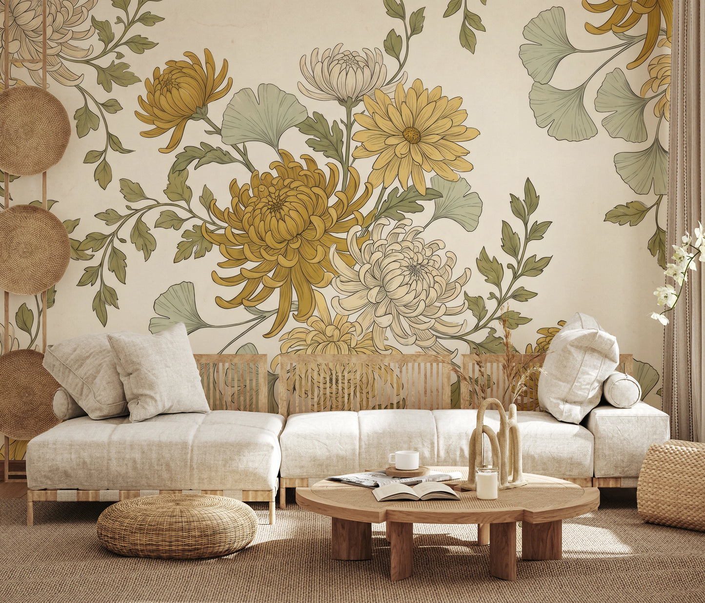 Vintage Gold Chrysanthemum Botanical Garden Floral Wallpaper Wall Mural