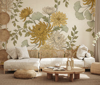 Vintage Gold Chrysanthemum Botanical Garden Floral Wallpaper Wall Mural