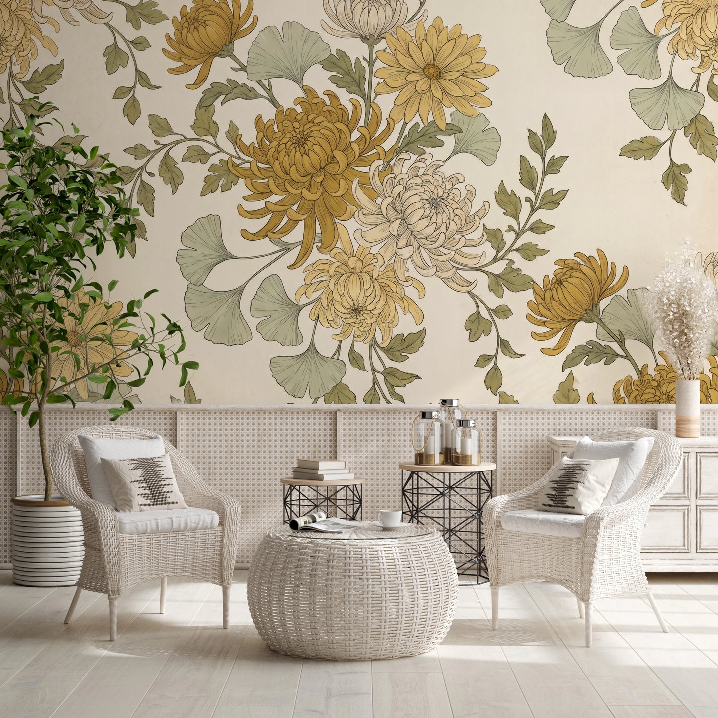 Vintage Gold Chrysanthemum Botanical Garden Floral Wallpaper Wall Mural