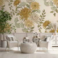 Vintage Gold Chrysanthemum Botanical Garden Floral Wallpaper Wall Mural