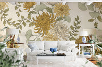 Vintage Gold Chrysanthemum Botanical Garden Floral Wallpaper Wall Mural