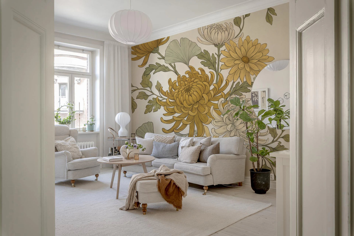 Vintage Gold Chrysanthemum Botanical Garden Floral Wallpaper Wall Mural
