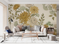 Vintage Gold Chrysanthemum Botanical Garden Floral Wallpaper Wall Mural
