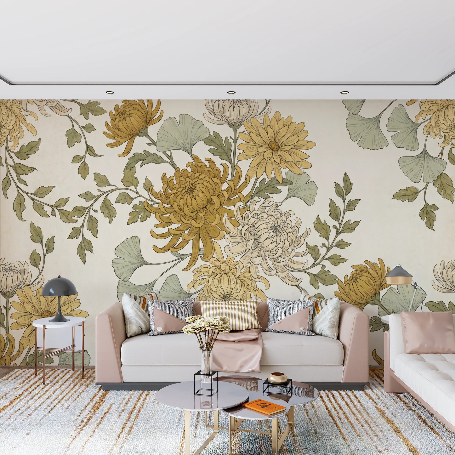 Vintage Gold Chrysanthemum Botanical Garden Floral Wallpaper Wall Mural