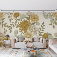 Vintage Gold Chrysanthemum Botanical Garden Floral Wallpaper Wall Mural