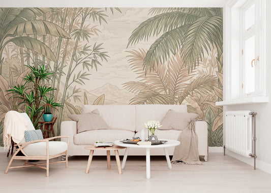 Vintage Tropical Jungle Oasis Landscape Wallpaper Wall Mural