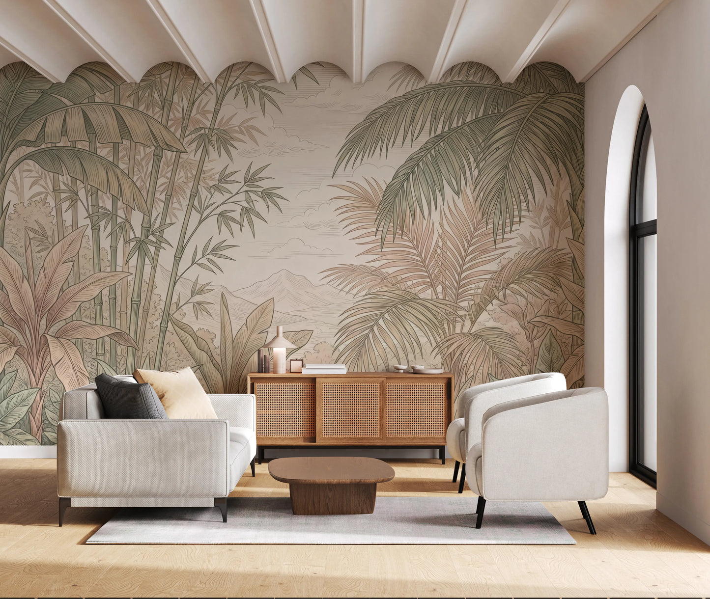 Vintage Tropical Jungle Oasis Landscape Wallpaper Wall Mural