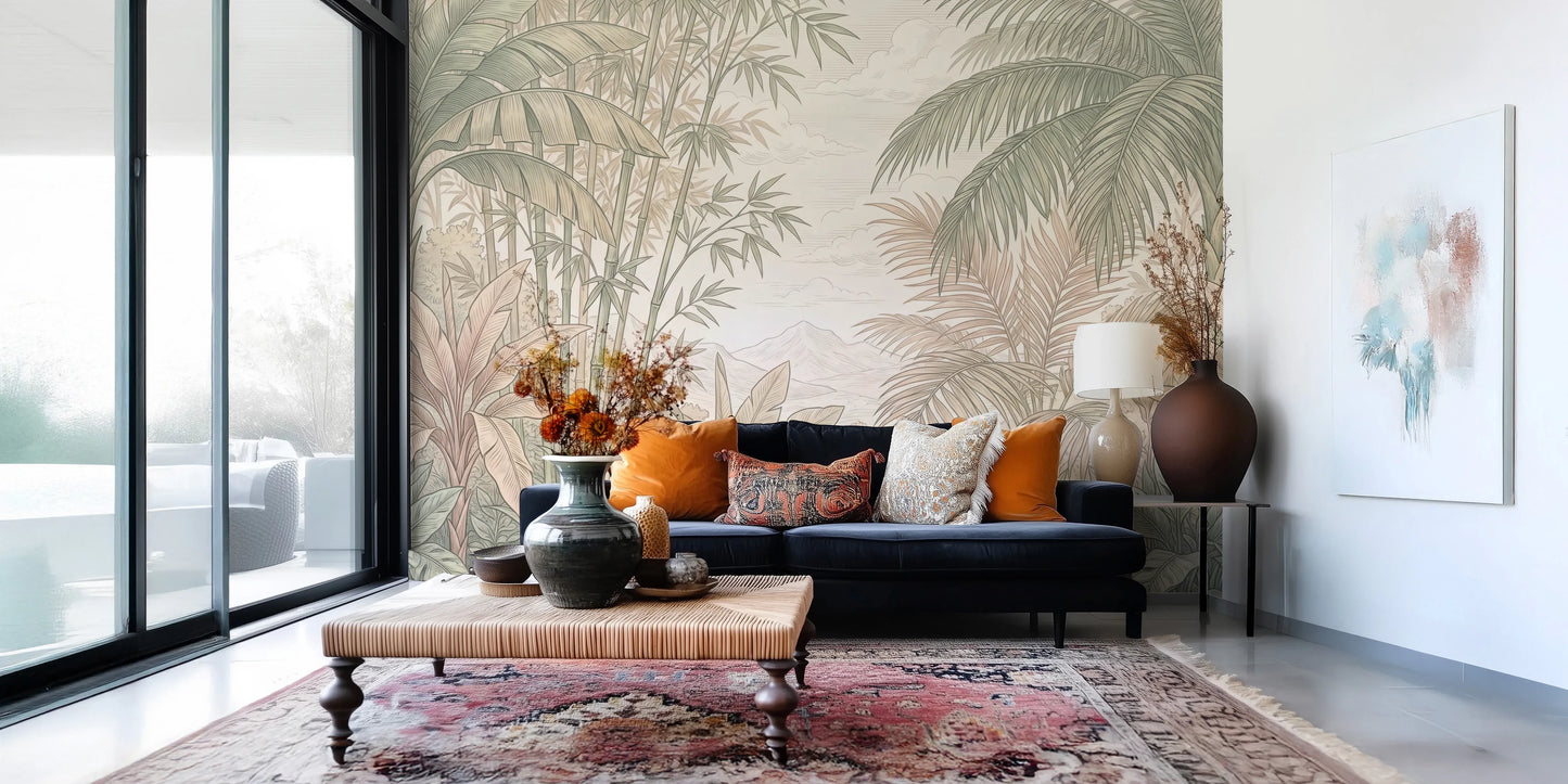 Vintage Tropical Jungle Oasis Landscape Wallpaper Wall Mural