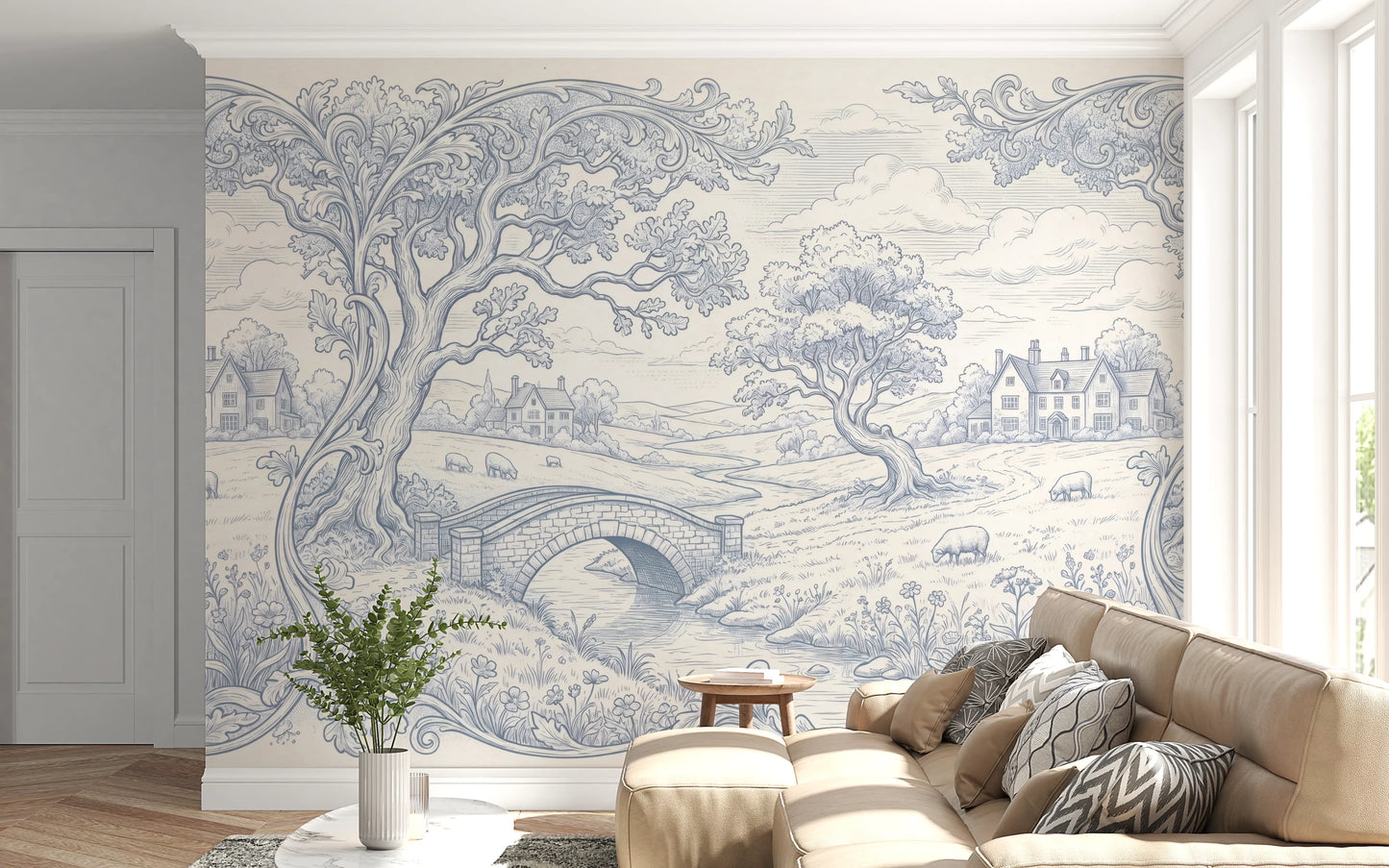 Toile de Jouy Countryside Pastoral Wallpaper Wall Mural