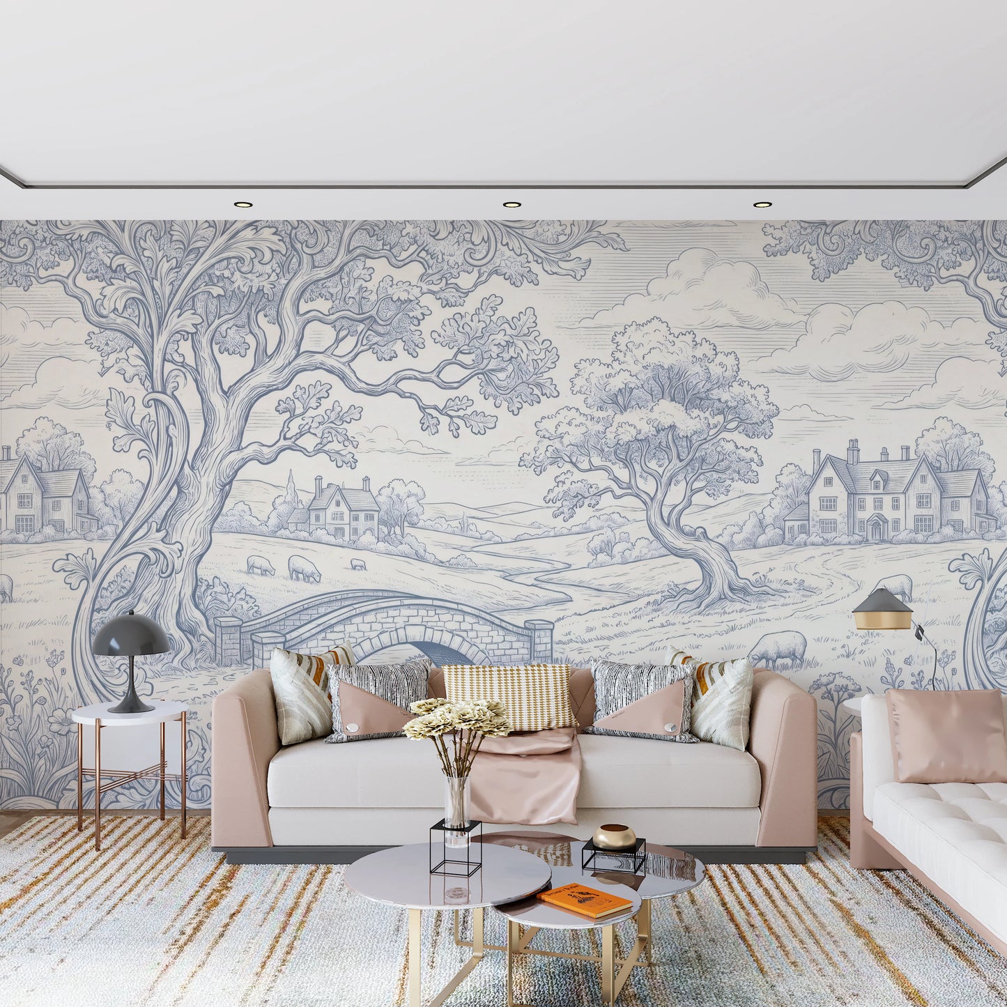 Toile de Jouy Countryside Pastoral Wallpaper Wall Mural