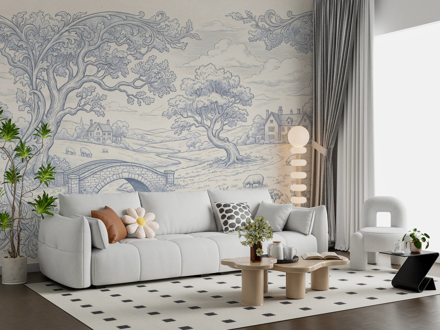 Toile de Jouy Countryside Pastoral Wallpaper Wall Mural