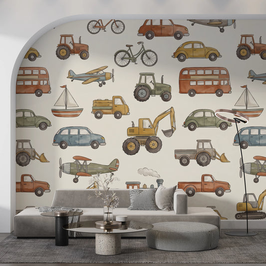 Charming Watercolor Vehicles Pattern for Kids Rooms Wall Mural