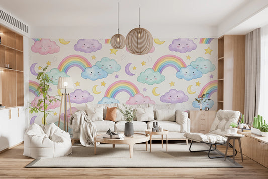 Cute Pastel Rainbow And Smiling Cloud Nursery Pattern Wall Mural