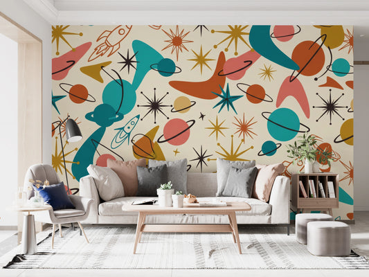 Mid Century Retro Space Adventure Wallpaper Wall Mural