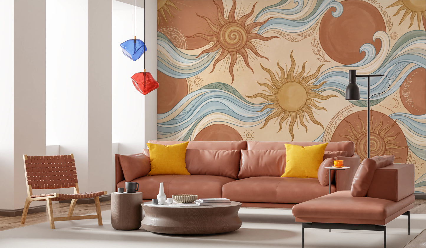Celestial Sun and Swirling Ocean Wave Mural Wall Mural