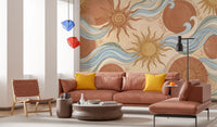 Celestial Sun and Swirling Ocean Wave Mural Wall Mural