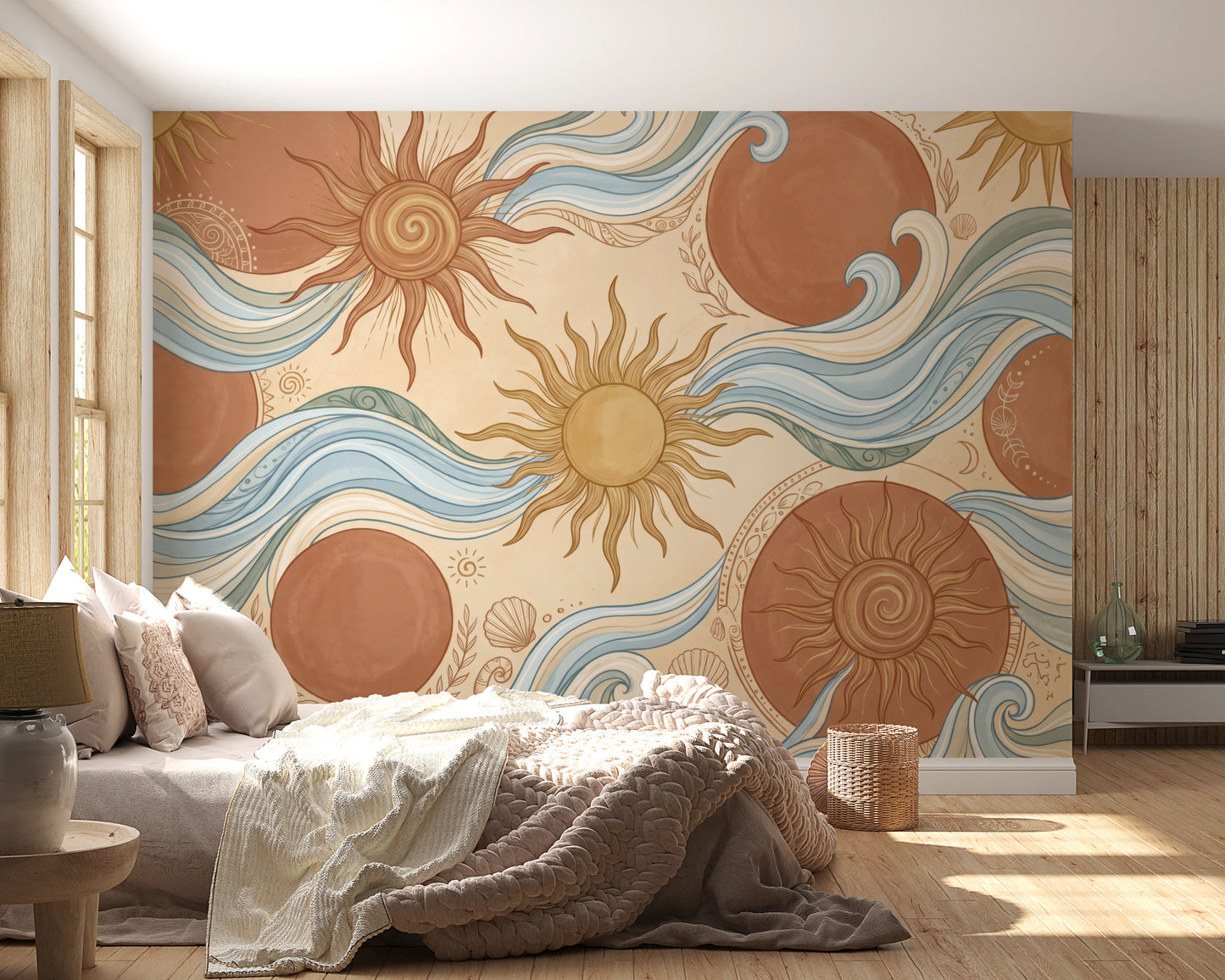 Celestial Sun and Swirling Ocean Wave Mural Wall Mural