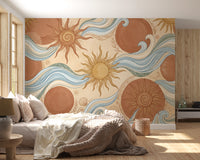 Celestial Sun and Swirling Ocean Wave Mural Wall Mural