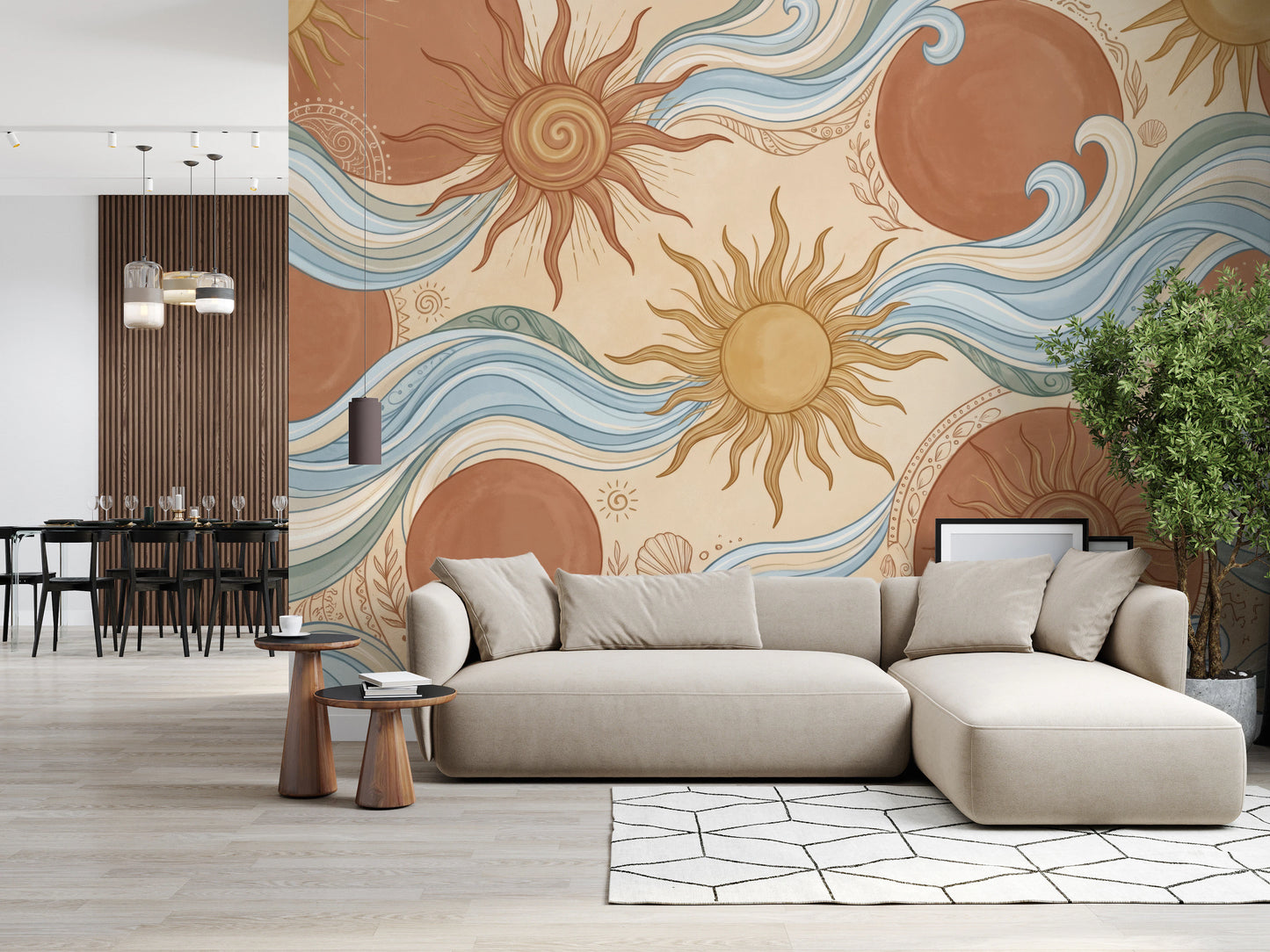 Celestial Sun and Swirling Ocean Wave Mural Wall Mural