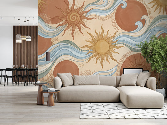 Celestial Sun and Swirling Ocean Wave Mural Wall Mural