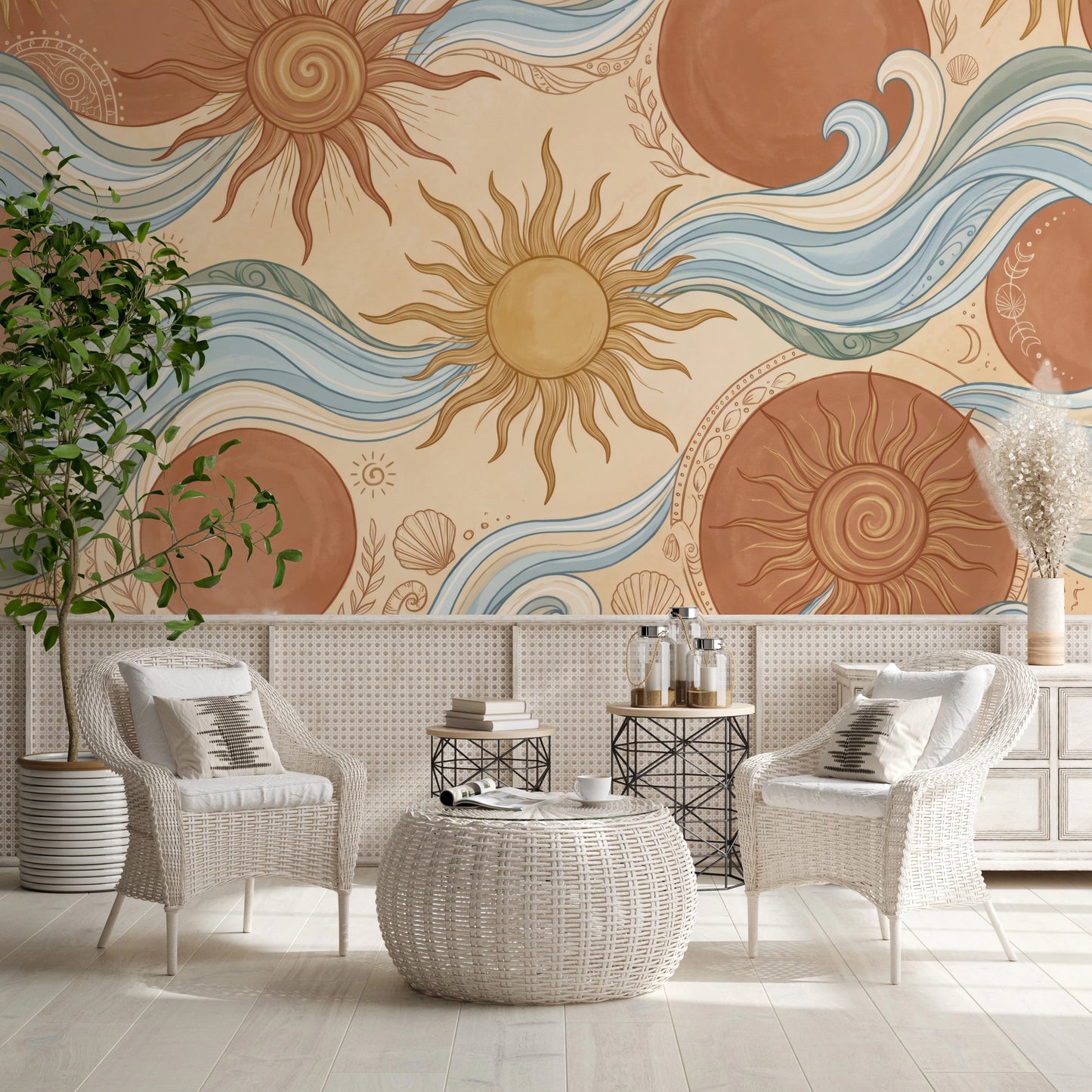 Celestial Sun and Swirling Ocean Wave Mural Wall Mural