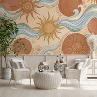 Celestial Sun and Swirling Ocean Wave Mural Wall Mural