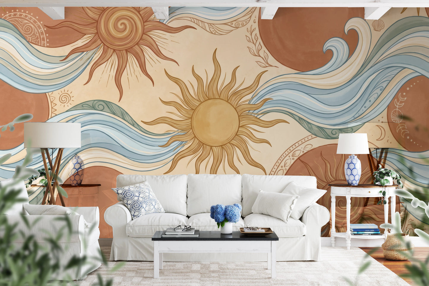 Celestial Sun and Swirling Ocean Wave Mural Wall Mural