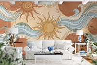 Celestial Sun and Swirling Ocean Wave Mural Wall Mural