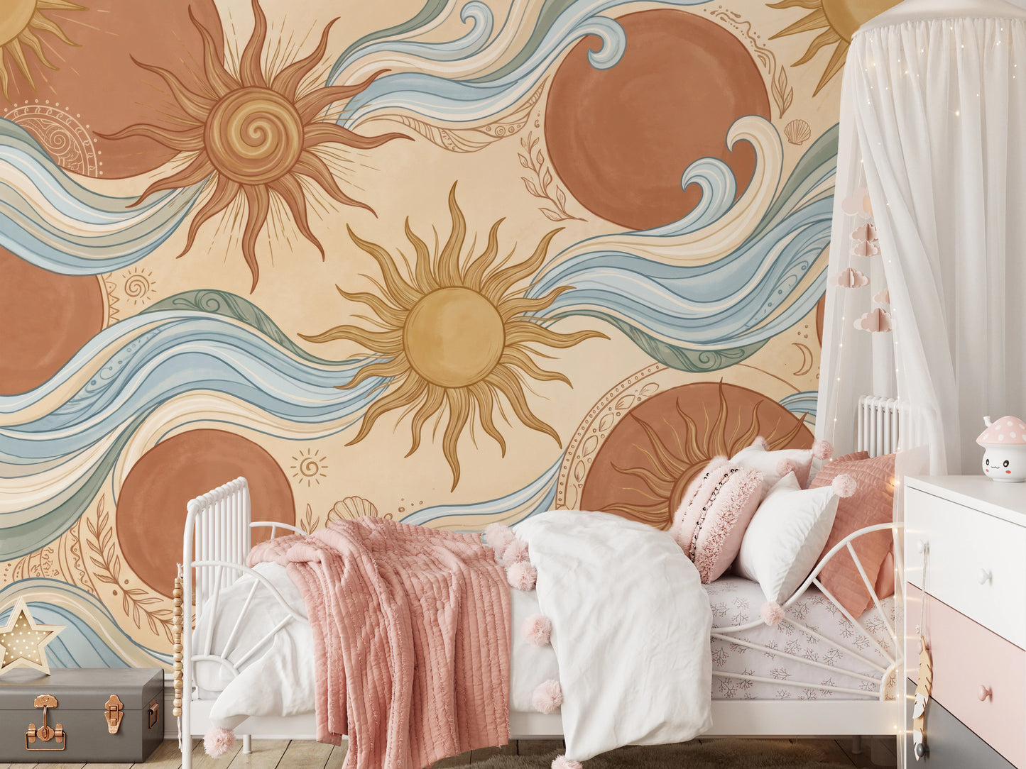 Celestial Sun and Swirling Ocean Wave Mural Wall Mural