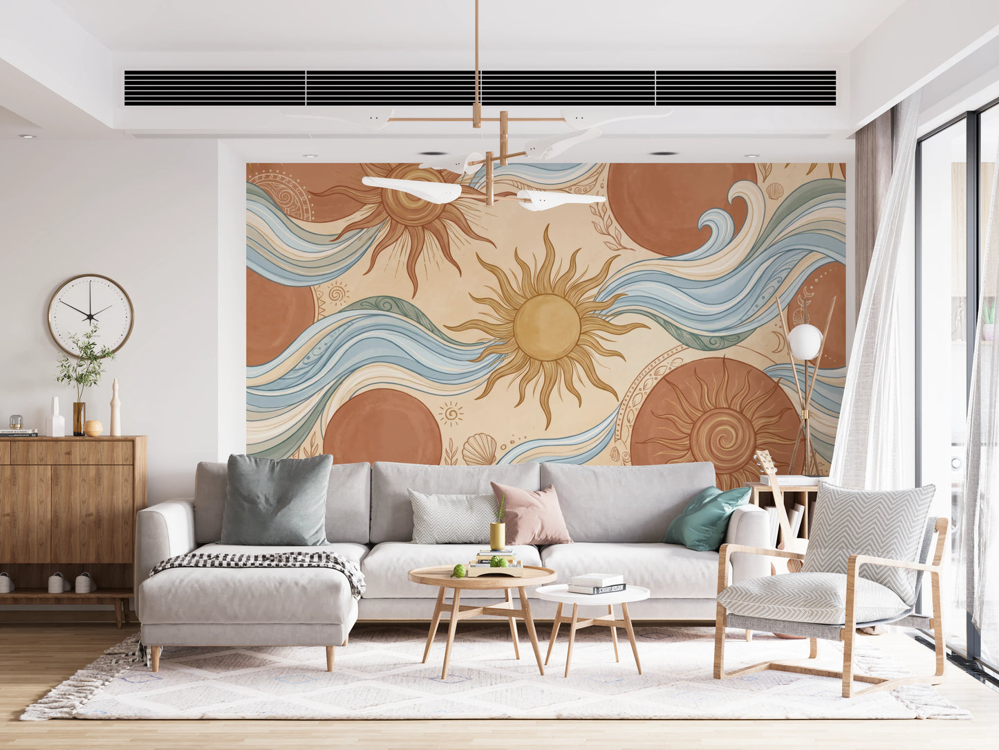 Celestial Sun and Swirling Ocean Wave Mural Wall Mural