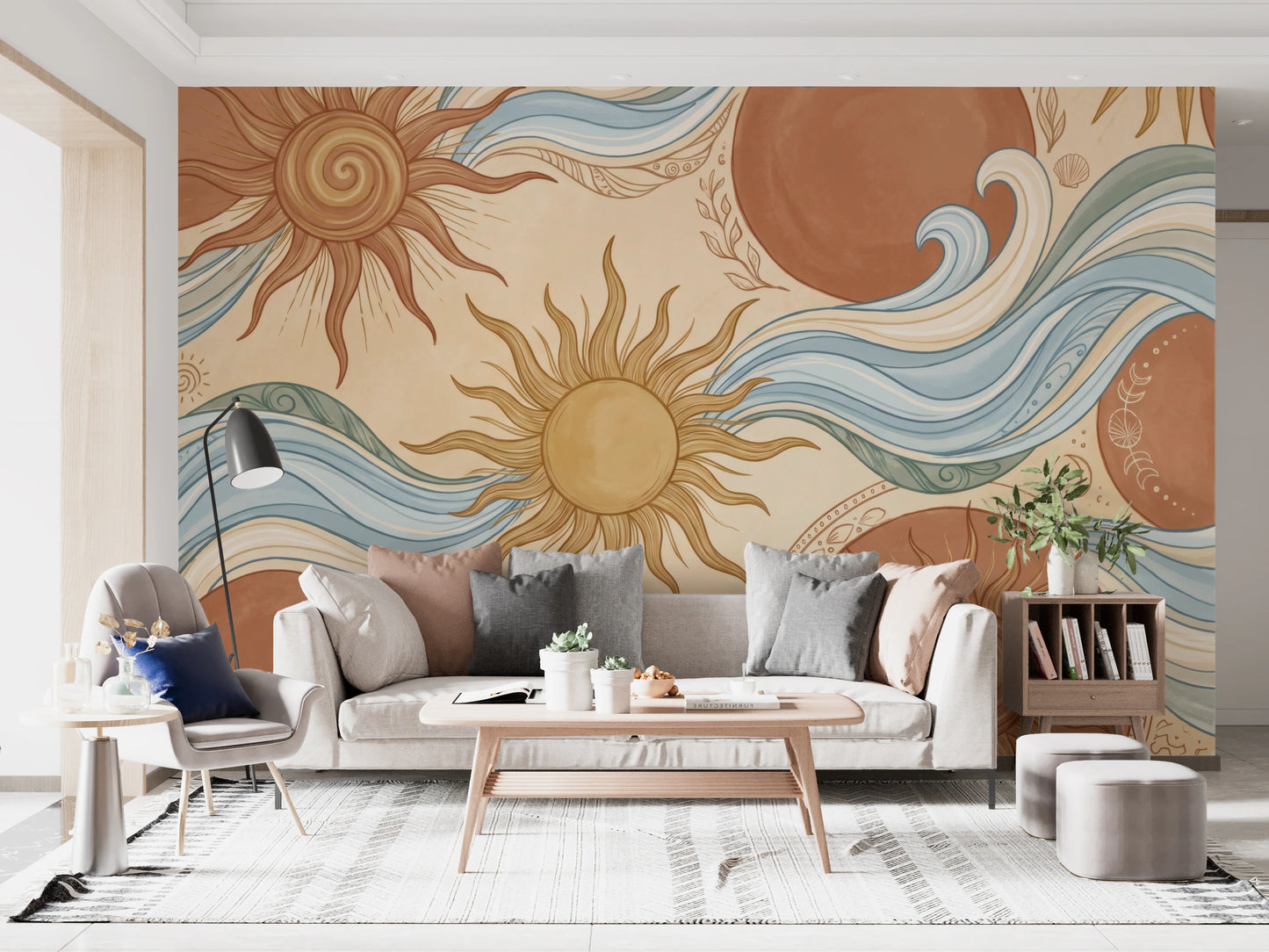 Celestial Sun and Swirling Ocean Wave Mural Wall Mural