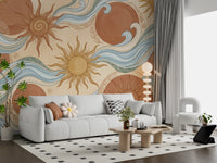 Celestial Sun and Swirling Ocean Wave Mural Wall Mural