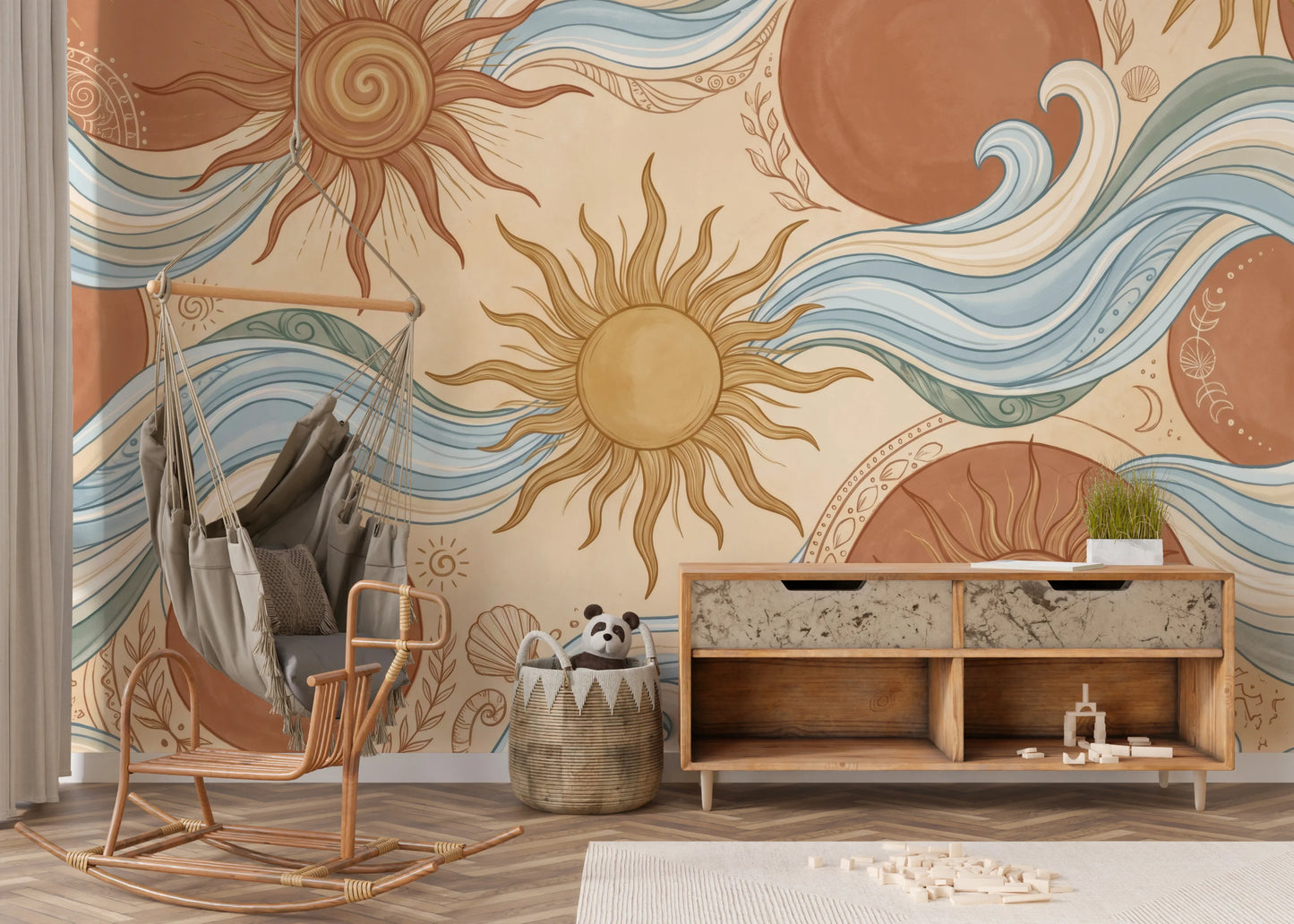 Celestial Sun and Swirling Ocean Wave Mural Wall Mural