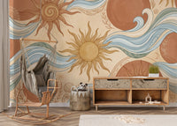 Celestial Sun and Swirling Ocean Wave Mural Wall Mural