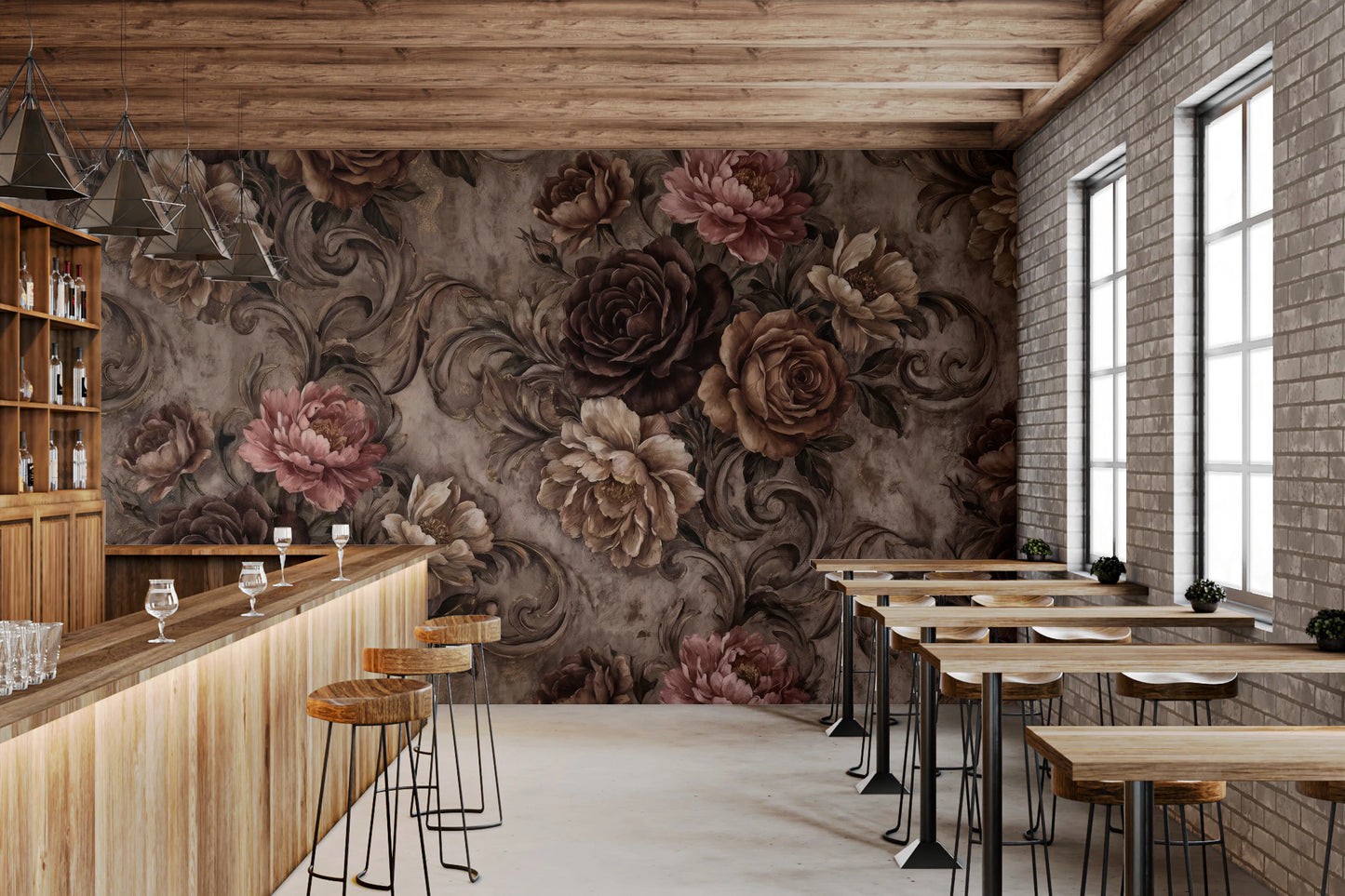 Vintage Moody Rose Floral Damask Mural Wall Mural
