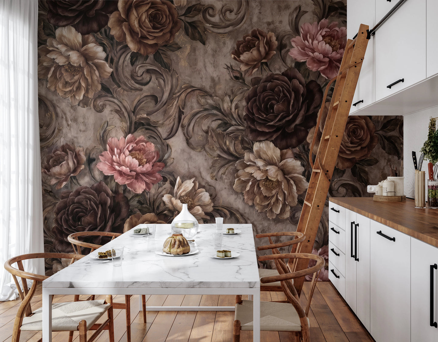 Vintage Moody Rose Floral Damask Mural Wall Mural