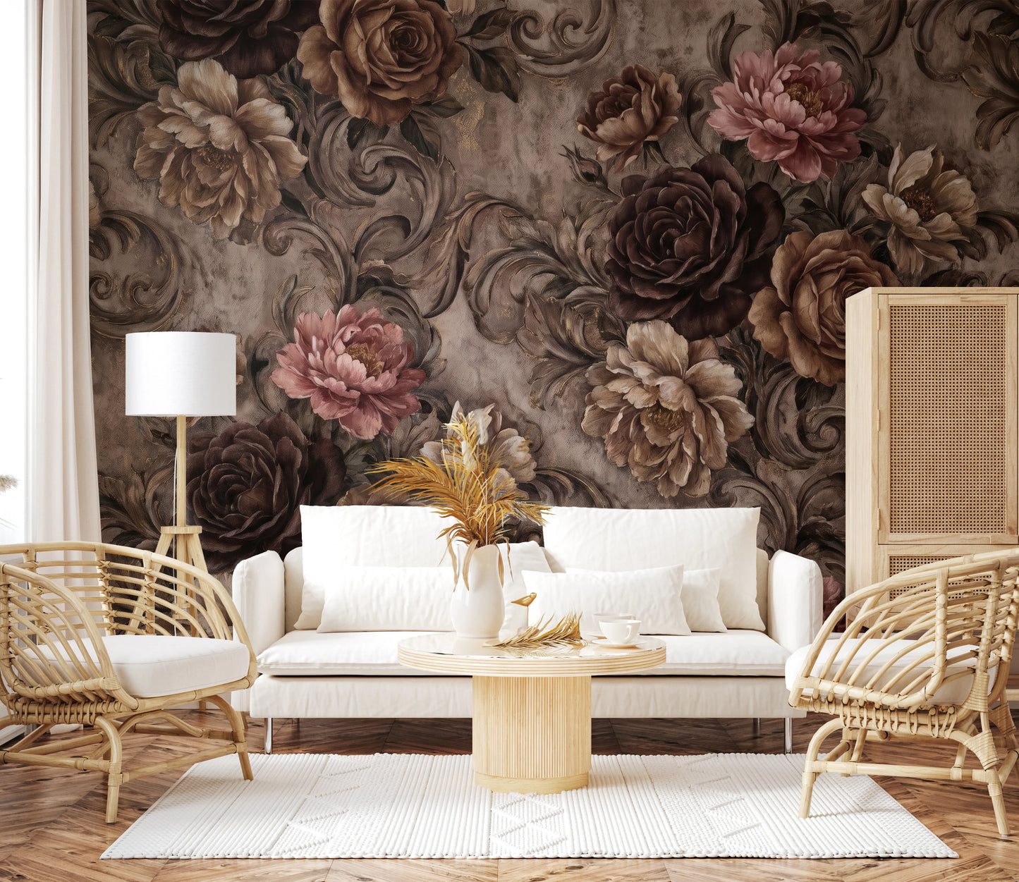 Vintage Moody Rose Floral Damask Mural Wall Mural
