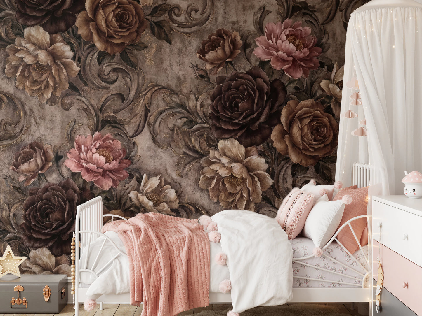 Vintage Moody Rose Floral Damask Mural Wall Mural