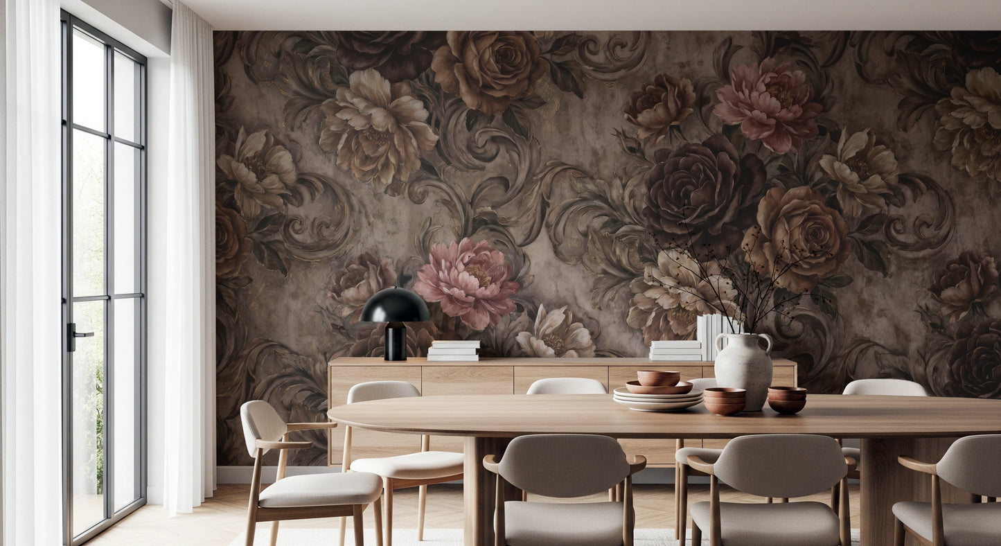 Vintage Moody Rose Floral Damask Mural Wall Mural