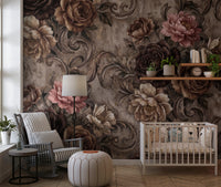Vintage Moody Rose Floral Damask Mural Wall Mural