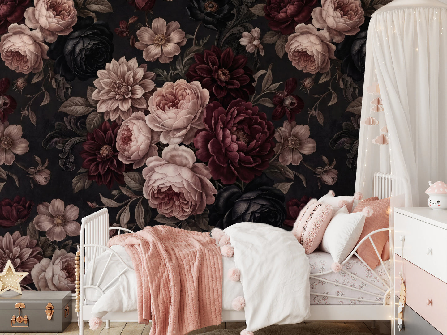 Dark Moody Romantic Floral Bloom Wallpaper Wall Mural