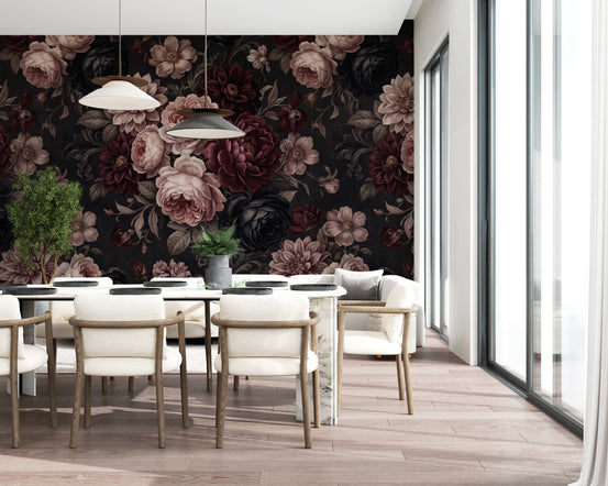 Dark Moody Romantic Floral Bloom Wallpaper Wall Mural