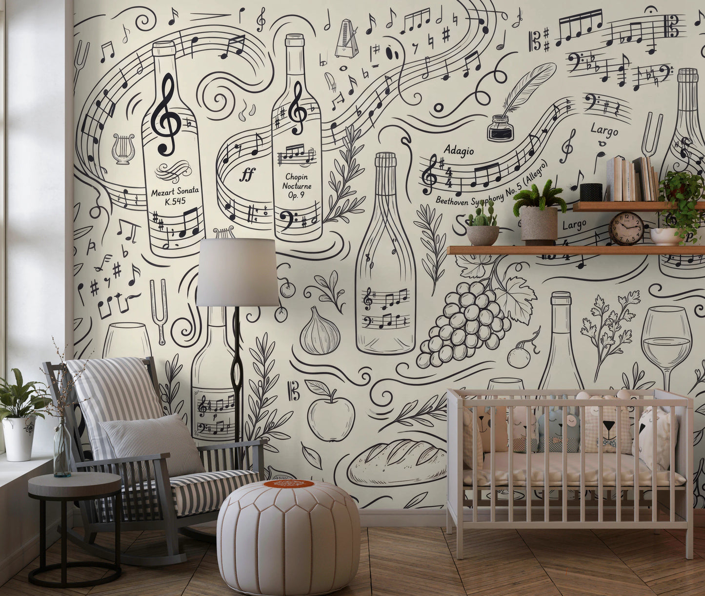 Classical Music and Fine Wine Illustration Wallpaper Wall Mural