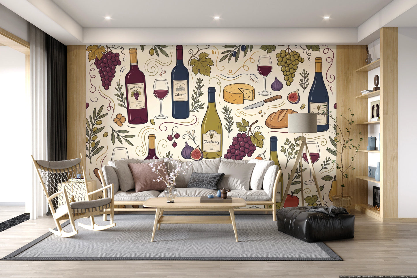 Rustic Vineyard Wine and Cheese Culinary Pattern Wall Mural