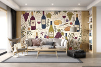 Rustic Vineyard Wine and Cheese Culinary Pattern Wall Mural