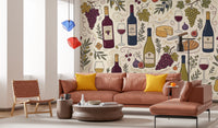 Rustic Vineyard Wine and Cheese Culinary Pattern Wall Mural